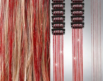 Paquete de 6 extensiones de cabello con purpurina y clip: mechones holográficos plateados, dorados, rosas, rojos, azules y cobrizos para un look glamuroso rápido en festivales o fiestas.