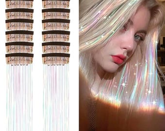 Paquete de 12 extensiones de cabello con purpurina y clip: mechones holográficos plateados, dorados, rosas y azules para un brillo instantáneo en fiestas o sesiones de fotos.
