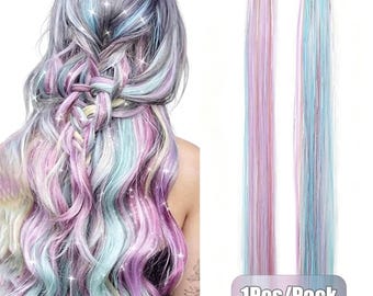 Extensiones de cabello de clip de colores, fibra sintética, 23,6 pulgadas de largo.