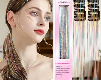 Efecto de cabello de hadas en segundos: Mechones brillantes ultralargos de 50 cm, clips de doble agarre y fibra holográfica resistente a la decoloración para uso diario.