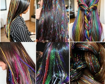 Extensiones de cabello iridiscentes con brillo, mechones arcoíris brillantes para un estilo festivo.
