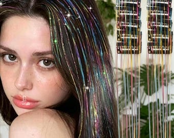 Juego de 12 extensiones de cabello con clip, mechones brillantes y metálicos para festivales.