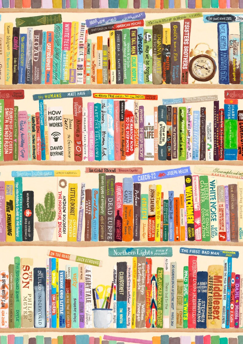 Books Bookshelf Art Print Archival Inks & Paper Etsy