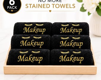 Black Makeup Towels, Embroidered Makeup Remover Washcloths, Reusable Face Towels, Soft Microfiber Facial Cloths, Gift for Makeup Lovers 6PK