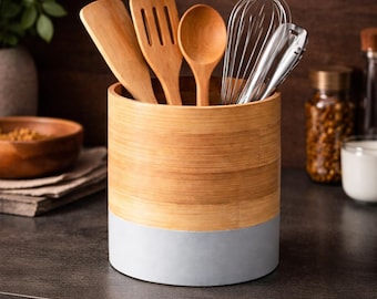 Ceramiczny pojemnik na przybory kuchenne, nowoczesny organizer na blat kuchenny w stylu rustykalnym, pojemnik na naczynia w stylu drewnianym