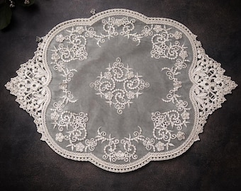 Tovaglietta vintage in pizzo francese, runner da tavola in tulle ricamato color crema, arredamento per sala da pranzo vittoriano
