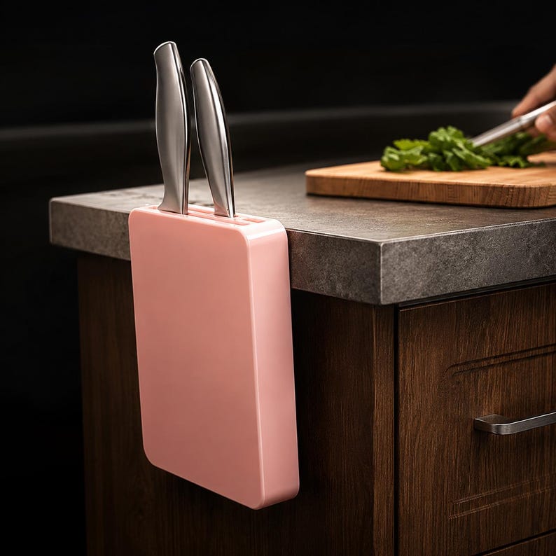 May include: A rectangular, light pink knife block designed to hang over the edge of a counter. The block features two vertical slots on the top surface, each holding a stainless steel kitchen knife with a smooth, metallic handle and blade.