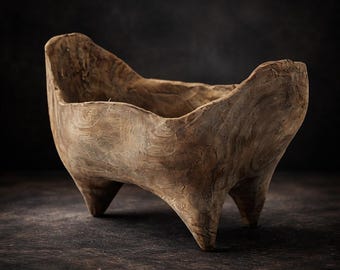 Hand Carved Teak Root Bowl with Legs, Rustic Wabi Sabi Wooden Fruit Planter