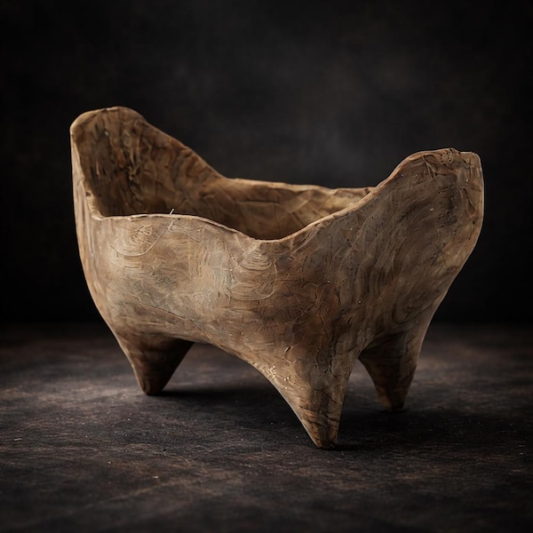 Hand Carved Teak Root Bowl with Legs, Rustic Wabi Sabi Wooden Fruit Planter