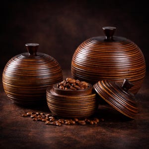 May include: Three wooden storage jars with lids, in varying sizes, are displayed. The jars are a warm brown colour with horizontal striped detailing. One jar is open, revealing seeds inside, with more seeds scattered around the base.