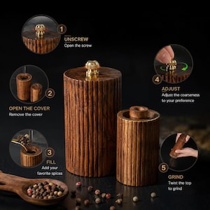 May include: A wooden pepper grinder with a gold-colored top. The image shows the steps to use the grinder: unscrew, open the cover, fill with spices, adjust the coarseness, and grind. A wooden spoon with peppercorns is also visible.