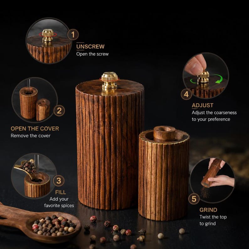 May include: A wooden pepper grinder with a gold-colored top. The image shows the steps to use the grinder: unscrew, open the cover, fill with spices, adjust the coarseness, and grind. A wooden spoon with peppercorns is also visible.