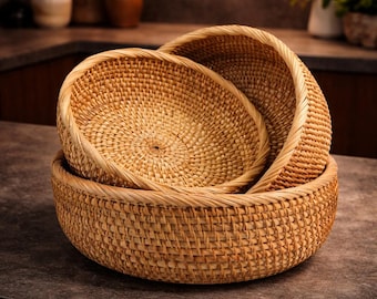 Handgewebtes Rattan-Obstkorb-Set, runde Weidenbrotschale, natürlicher Küchenorganisator