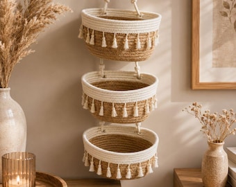 Boho Cotton Rope Hanging Storage Basket Set, 3 Tier Wall Organizer, Nursery Decor