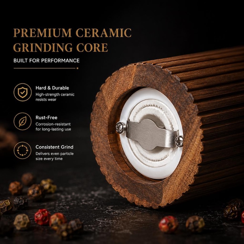 May include: Close-up of a wooden pepper grinder with a premium ceramic grinding core. The text reads "PREMIUM CERAMIC GRINDING CORE" and "BUILT FOR PERFORMANCE". Features include hard and durable, rust-free, and consistent grind.