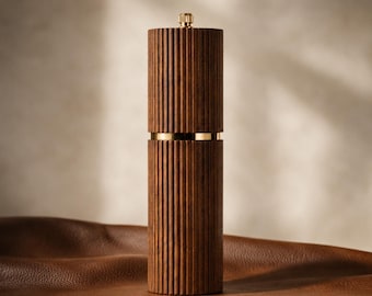 Ribbed Wood Salt Pepper Grinder Set, Gold Accents, Adjustable Ceramic Mill