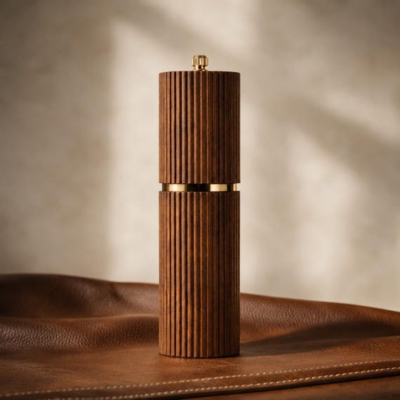 Ribbed Wood Salt Pepper Grinder Set, Gold Accents, Adjustable Ceramic Mill