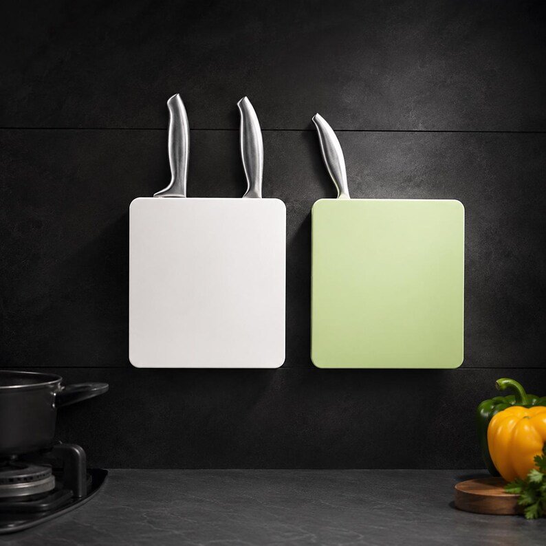 May include: Two square wall-mounted knife blocks, one white and one light green, each featuring a single silver metal knife handle protruding from the top. The blocks are mounted side-by-side on a dark, textured wall surface in a kitchen setting.