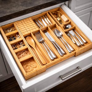 Expandable Bamboo Drawer Organizer, Adjustable Cutlery Tray, Utensil Holder, Flatware Divider