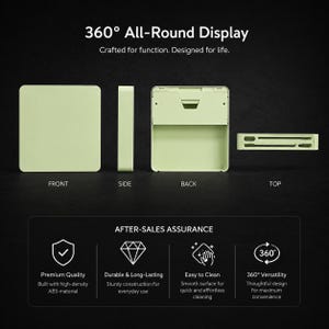 May include: A light green square storage container shown from four angles: front, side, back, and top. The text 360 All-Round Display, Crafted for function. Designed for life. and AFTER-SALES ASSURANCE with four icons and descriptive text are visible.