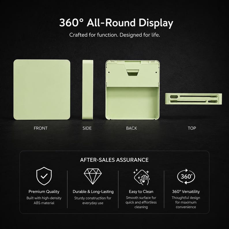 May include: A light green square storage container shown from four angles: front, side, back, and top. The text 360 All-Round Display, Crafted for function. Designed for life. and AFTER-SALES ASSURANCE with four icons and descriptive text are visible.