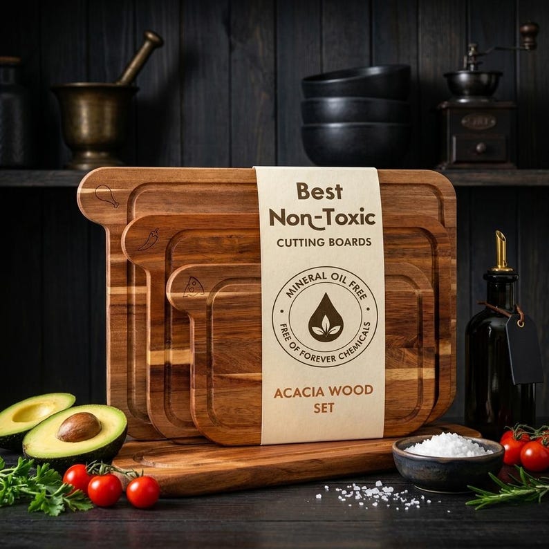 May include: A set of acacia wood cutting boards in varying sizes. The boards have a natural wood grain and a handle with a decorative cutout. The packaging reads "Best Non-Toxic Cutting Boards" and "Acacia Wood Set".