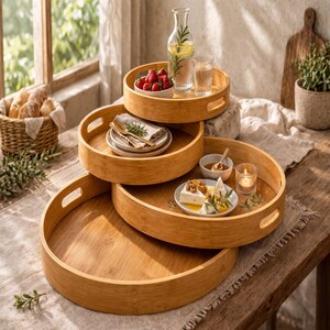 May include: A stack of four round bamboo serving trays with handles. The trays hold various items, including strawberries, cheese, and glasses of water. The trays are on a wooden table near a window.