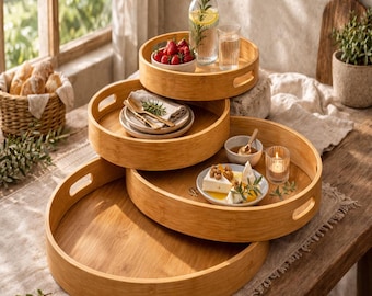 Juego de 4 bandejas redondas de bambú con asas, ideales para decorar la mesa de centro.