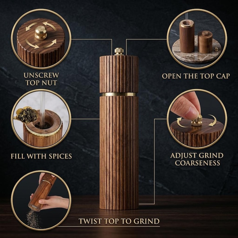 May include: A wooden pepper mill with a ribbed design and gold accents. The image shows the steps: unscrew top nut, open the top cap, fill with spices, adjust grind coarseness, and twist top to grind.