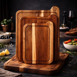May include: A set of four wooden cutting boards of varying sizes, stacked together. The boards are rectangular with rounded corners and a groove around the edge. The wood grain is visible, with a mix of light and dark brown tones. Each board has a small, engraved design on the handle.