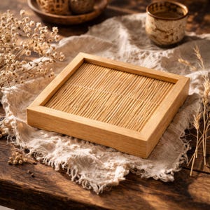May include: A square bamboo tray with a light-brown frame and parallel bamboo slats. The tray rests on a beige linen cloth. The image suggests a natural aesthetic, with a wooden table in the background. The tray is suitable for serving or display.