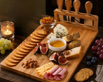 May include: A wooden cheese board with an assortment of cheeses, crackers, figs, and nuts. The board includes a set of cheese knives and a small bowl of honey. A lit candle and grapes are also present.