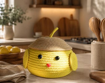 Chick Storage Basket with Lid, Cotton Rope Organizer, Nursery Decor, Farmhouse Kitchen Accent