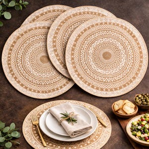 Juego de manteles individuales de yute estilo bohemio, platos base redondos de macramé con mandala, decoración de mesa estilo rústico.