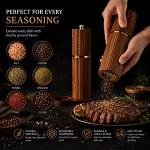May include: A wooden pepper mill with gold accents is shown, with the text "PERFECT FOR EVERY SEASONING". The image also displays bowls of spices, including salt, pepper, fennel, oregano, chili, and clove. A steak is being seasoned.