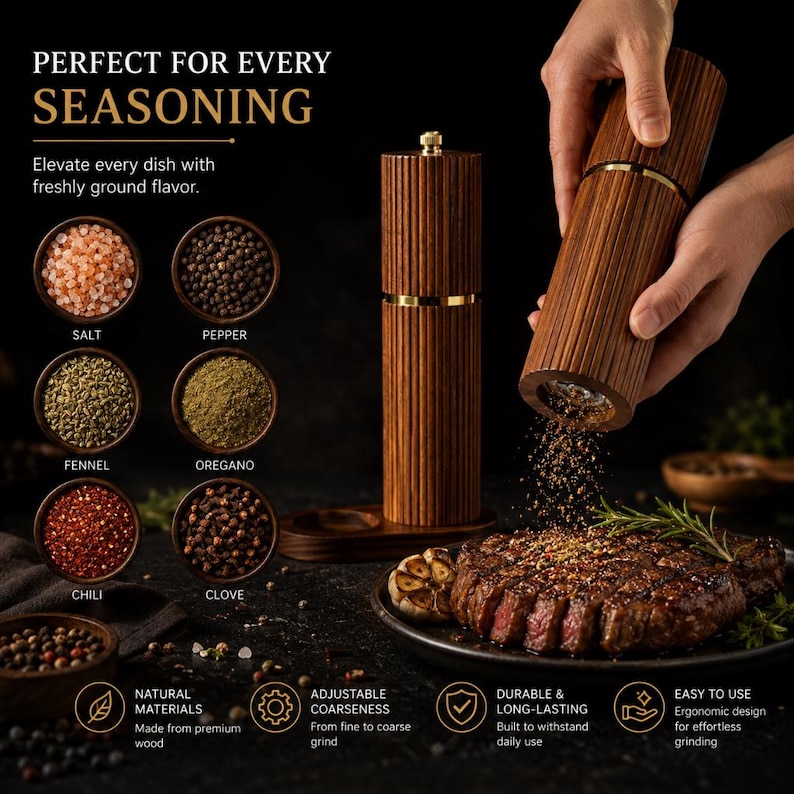 May include: A wooden pepper mill with gold accents is shown, with the text "PERFECT FOR EVERY SEASONING". The image also displays bowls of spices, including salt, pepper, fennel, oregano, chili, and clove. A steak is being seasoned.