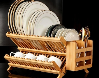 Handmade Bamboo 3-Tier Folding Dish Drying Rack, Utensil Holder, Kitchen Organizer