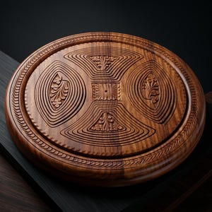 Op de afbeelding: Een ronde, ingewikkeld gesneden houten dienblad met een donkerbruine afwerking. De lade heeft gedetailleerde geometrische en bloemmotieven, waaronder concentrische cirkels en bladachtige ontwerpen. De buitenrand heeft een decoratieve rand.
