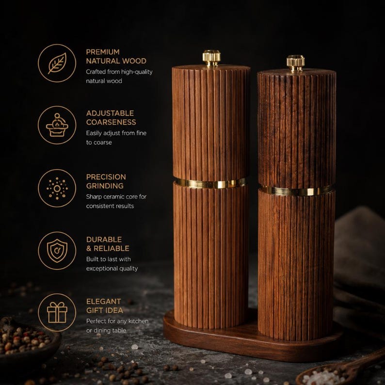 May include: Two wooden salt and pepper grinders with a ribbed design, gold accents, and a wooden base. The grinders are made of natural wood and are designed for adjustable coarseness and precision grinding. The image also includes text that says "Premium Natural Wood", "Adjustable Coarseness", "Precision Grinding", "Durable & Reliable", and "Elegant Gift Idea".