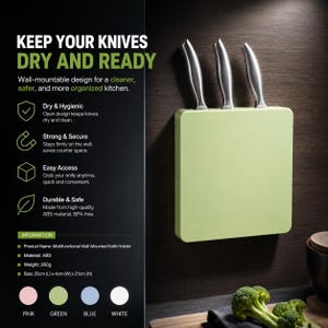 May include: A light green, square, wall-mounted knife holder holding three stainless steel knives. The text reads: KEEP YOUR KNIVES DRY AND READY. Product information lists the material as ABS, weight as 260g, and size as 20cm (L) x 4cm (W) x 21cm (H).