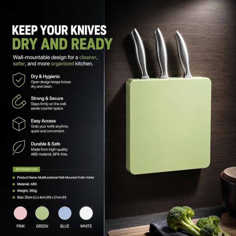 May include: A light green, square, wall-mounted knife holder holding three stainless steel knives. The text reads: KEEP YOUR KNIVES DRY AND READY. Product information lists the material as ABS, weight as 260g, and size as 20cm (L) x 4cm (W) x 21cm (H).