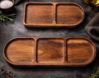Plateau de service fait main en bois d'acacia, plateau apéritif divisé rustique, planche à collation