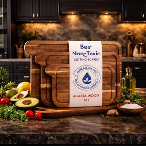 May include: A set of three acacia wood cutting boards with a handle design. The boards are various sizes and have a natural wood grain finish. The label reads "Best Non-Toxic Cutting Boards".
