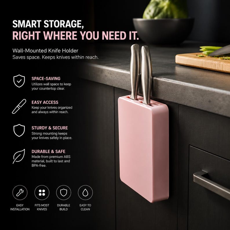 May include: A light pink, rectangular, wall-mounted knife holder attached to a dark cabinet. The holder features two silver stainless steel knives inserted into the top slots. Text on the image reads: SMART STORAGE, RIGHT WHERE YOU NEED IT.