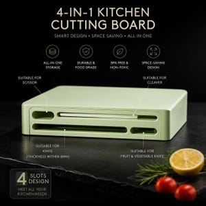 May include: A light green 4-in-1 kitchen cutting board with four storage slots for kitchen tools. The board features text labels indicating slots for scissors, a cleaver, a knife with thickness within 8mm, and a fruit and vegetable knife.