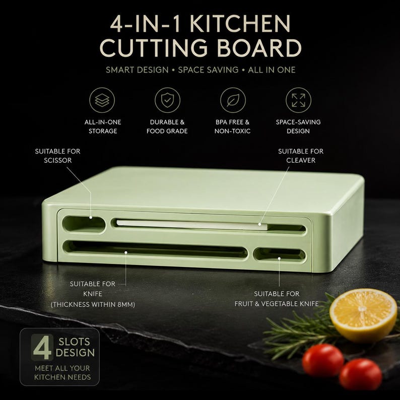 May include: A light green 4-in-1 kitchen cutting board with four storage slots for kitchen tools. The board features text labels indicating slots for scissors, a cleaver, a knife with thickness within 8mm, and a fruit and vegetable knife.