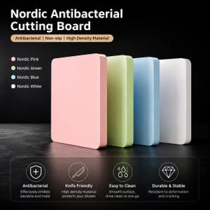 May include: Four rectangular cutting boards in pink, green, blue, and white are arranged side-by-side. The text reads Nordic Antibacterial Cutting Board, Antibacterial, Non-slip, High Density Material, and lists features like Antibacterial, Knife Friendly, Easy to Clean, and Durable & Stable.