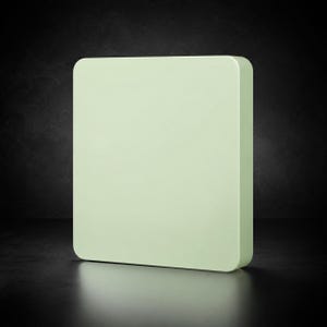 May include: A square, pale mint green block with rounded corners. The object features a smooth, solid surface and a thick, uniform profile, presenting a clean, geometric shape that stands upright on its base with a consistent matte finish.
