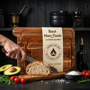 May include: A set of acacia wood cutting boards with a knife cutting a slice of bread. The boards are labeled "Best Non-Toxic Cutting Boards" and are mineral oil free. The image includes avocados, tomatoes, and a bowl of salt.