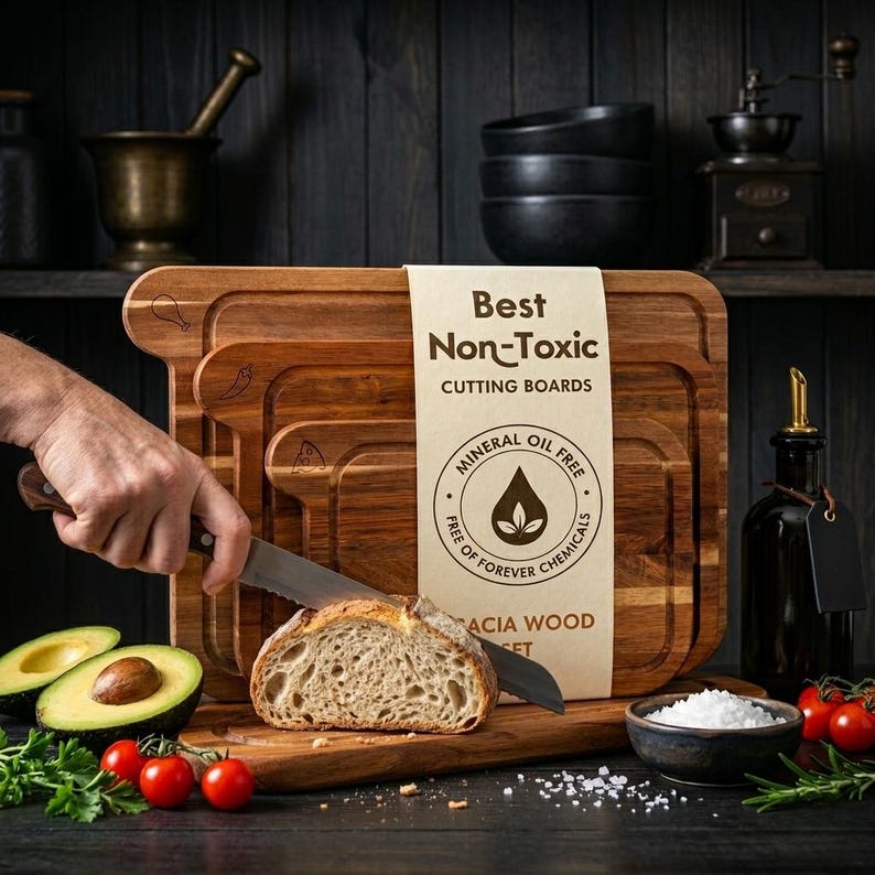 May include: A set of acacia wood cutting boards with a knife cutting a slice of bread. The boards are labeled "Best Non-Toxic Cutting Boards" and are mineral oil free. The image includes avocados, tomatoes, and a bowl of salt.